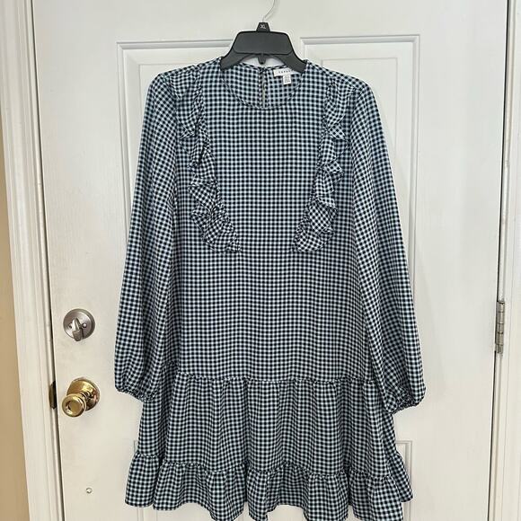 Topshop Blue Gingham Check Ruffled Long Sleeve Mini Dress Size 8 - Picture 2 of 6